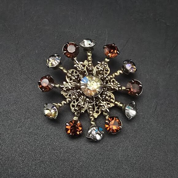 Brown Aurora Borealis Rhinestone Brooch Starburst Pinwheel Vintage - Picture 4 of 5